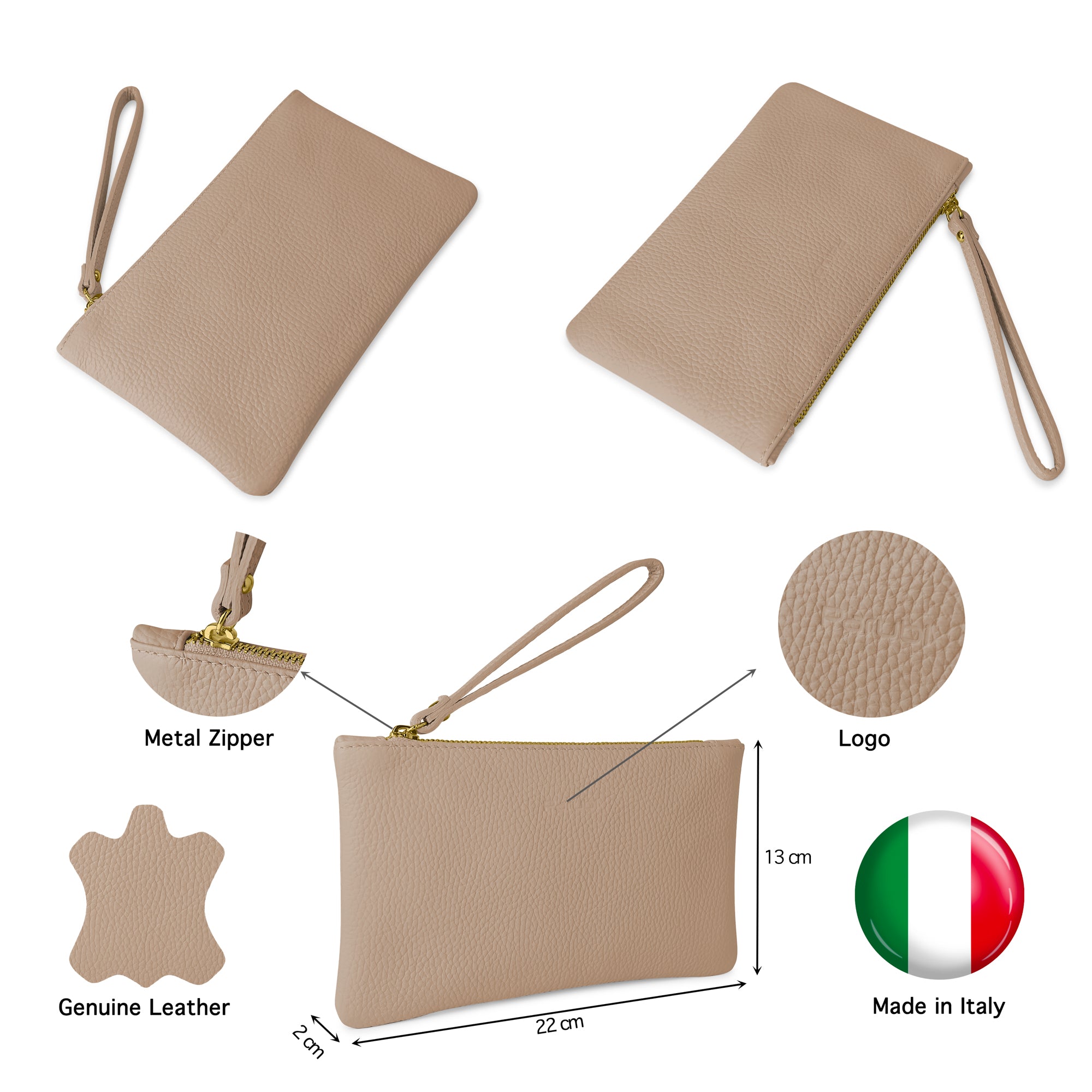 Pochette Donna a Mano, In Vera Pelle, Made in Italy, Modello Aura