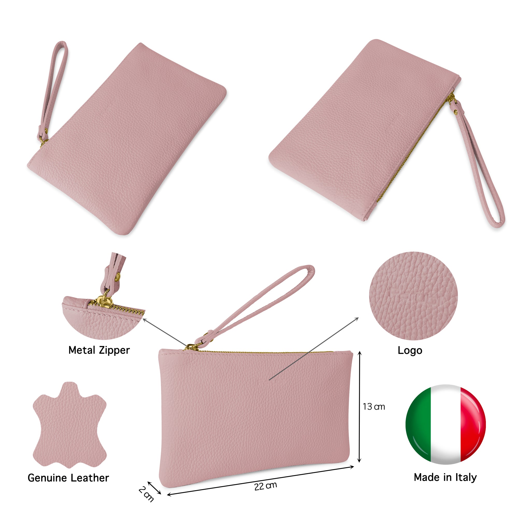 Pochette Donna a Mano, In Vera Pelle, Made in Italy, Modello Aura