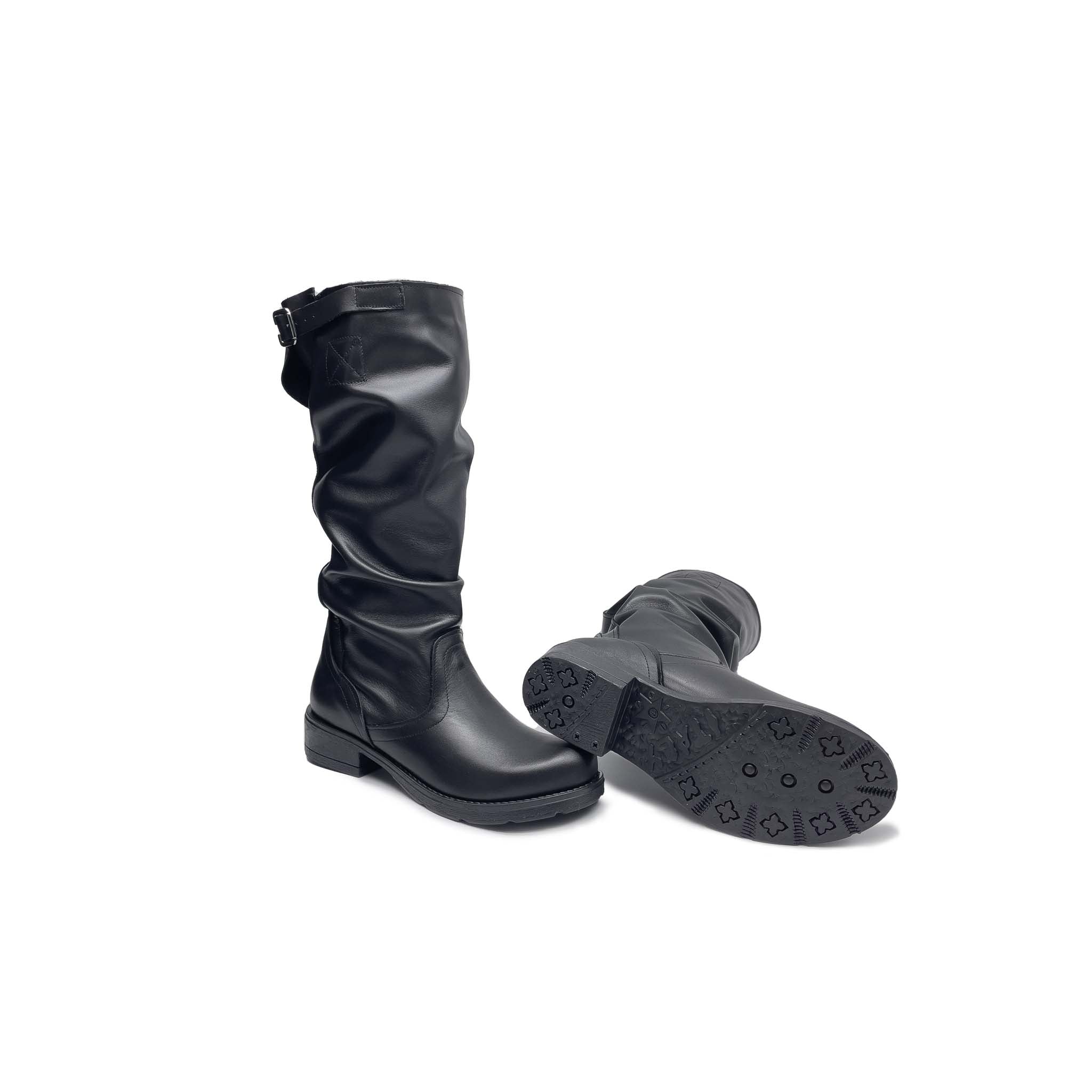 Stivale Biker Alto Donna sopra il Polpaccio in Vera Pelle Nera - Made in Italy