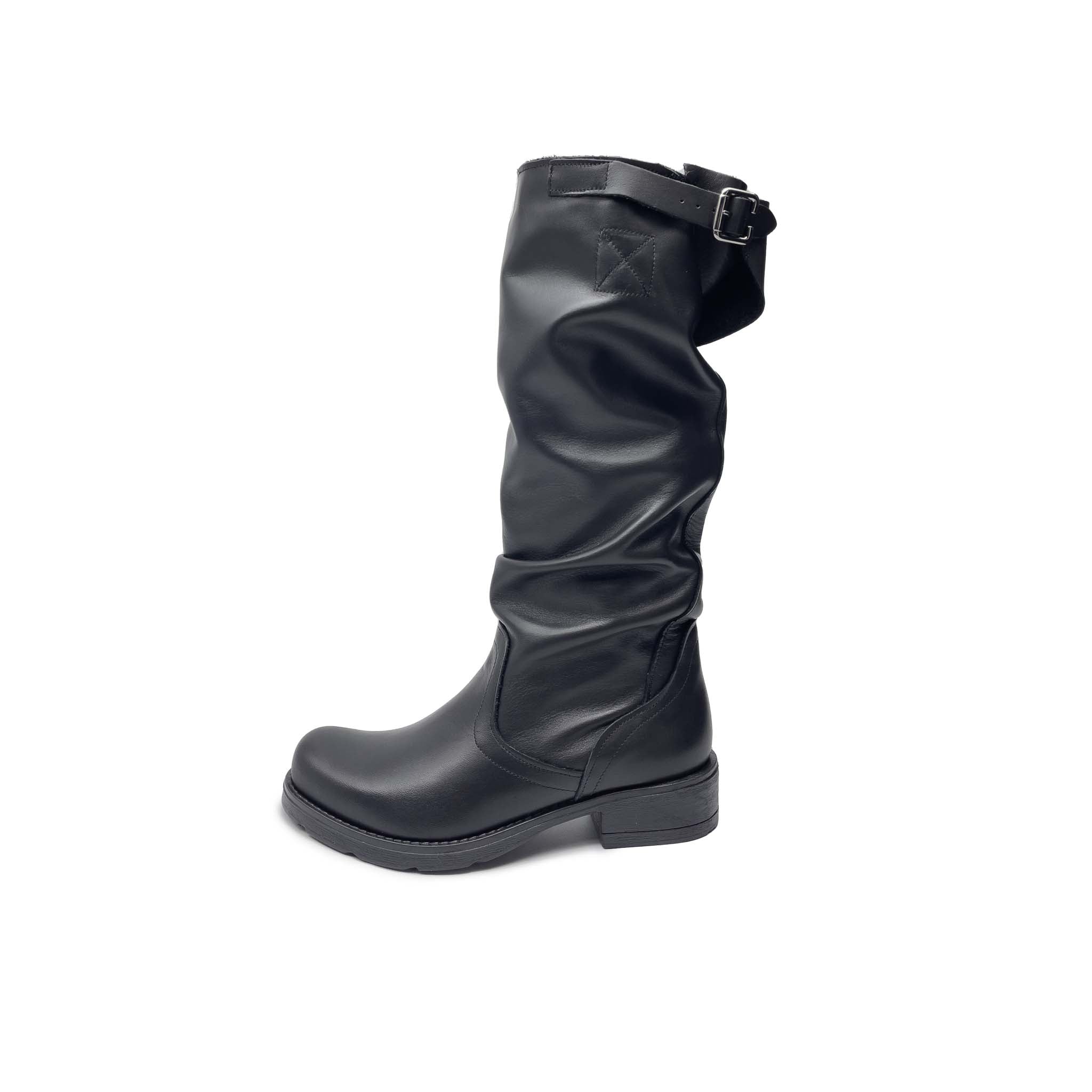 Stivale Biker Alto Donna sopra il Polpaccio in Vera Pelle Nera - Made in Italy