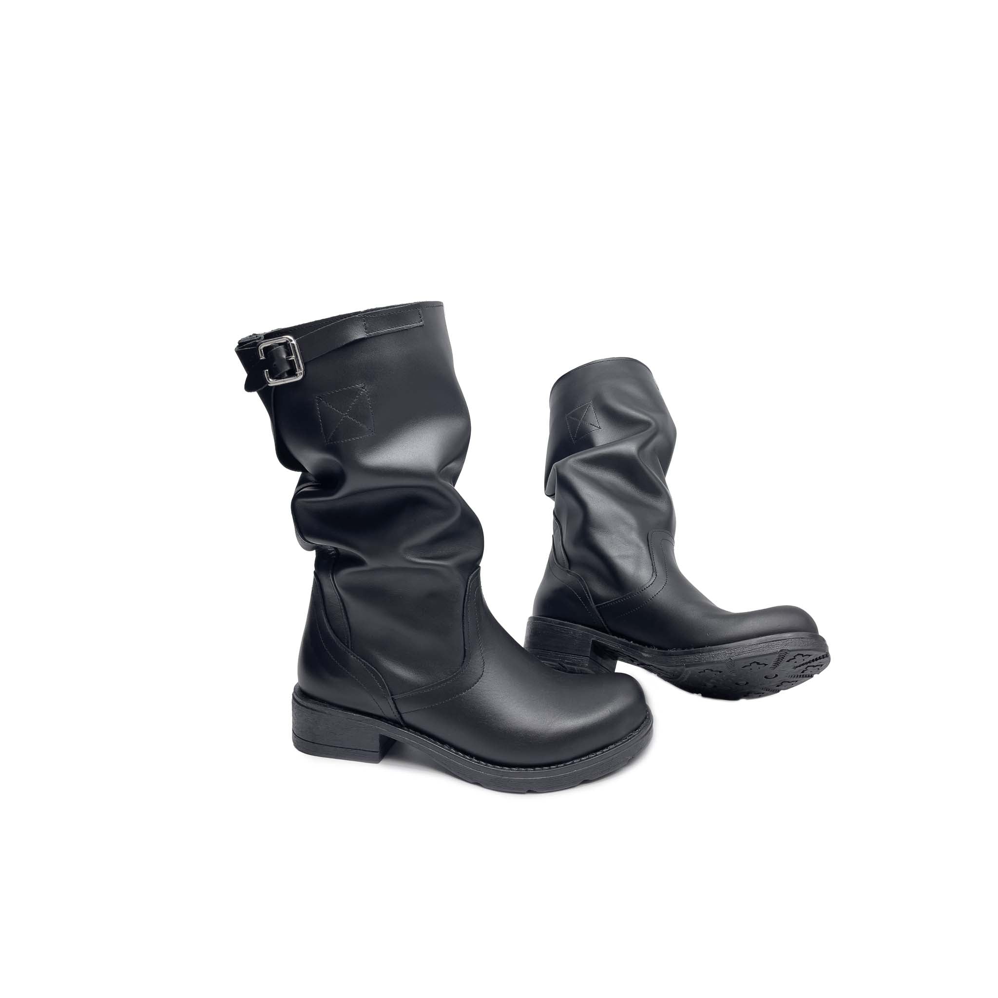 Stivale Biker Donna al Polpaccio in Vera Pelle Nera - Made in Italy