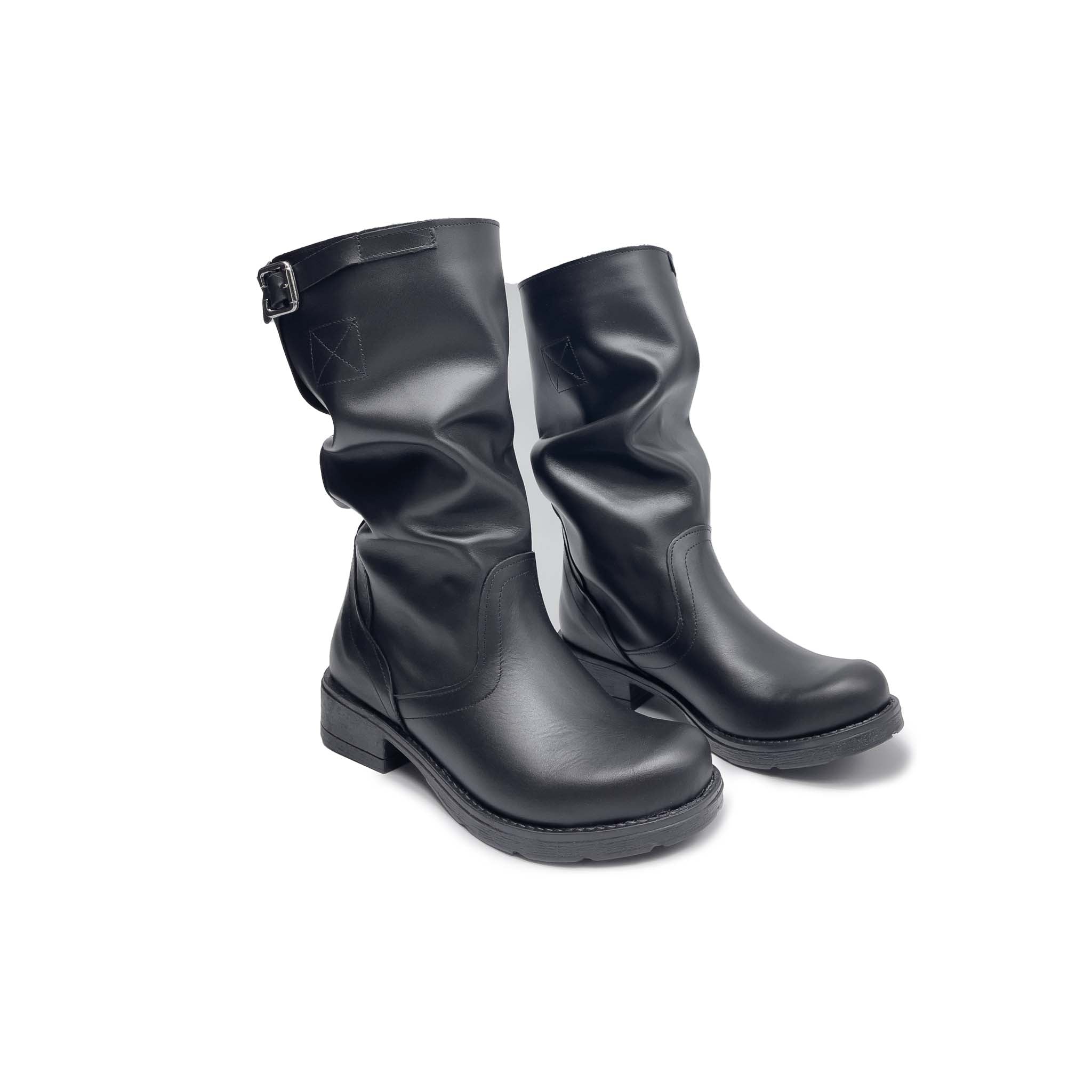 Stivale Biker Donna al Polpaccio in Vera Pelle Nera - Made in Italy