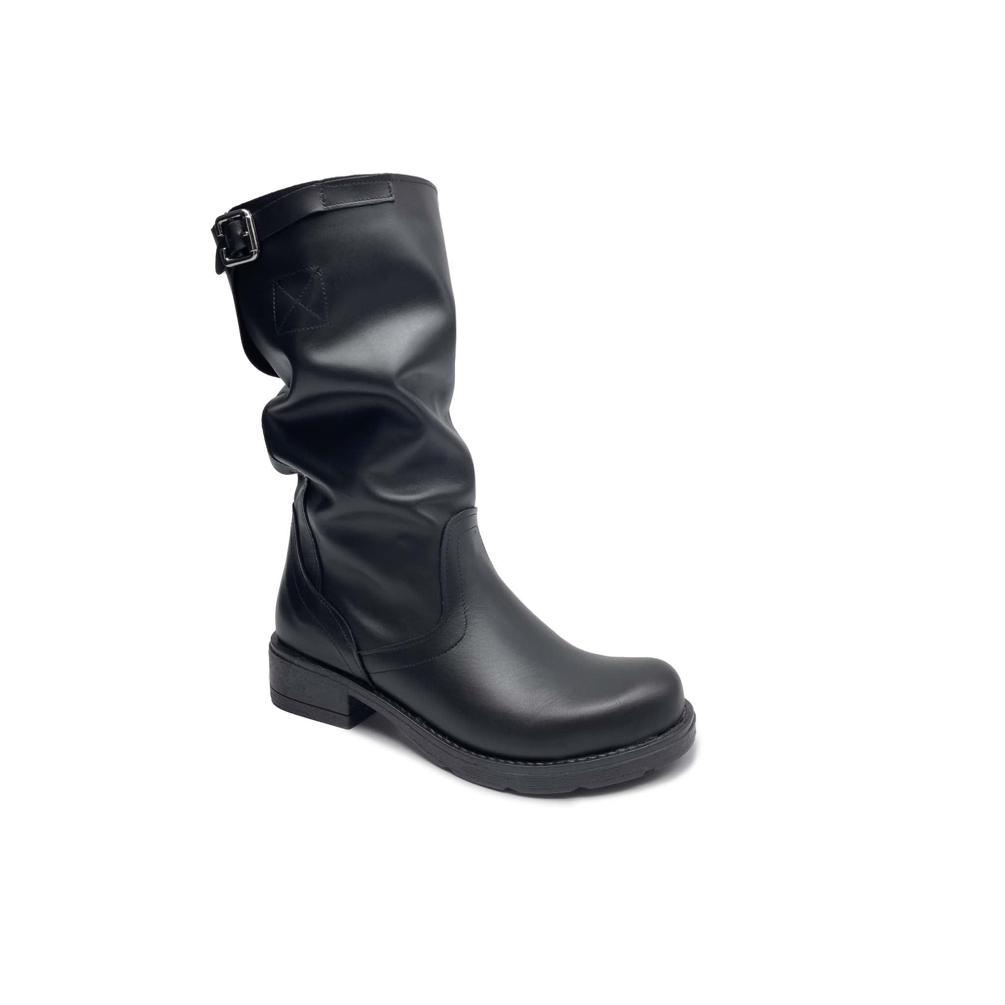 Stivale Biker Donna al Polpaccio in Vera Pelle Nera - Made in Italy