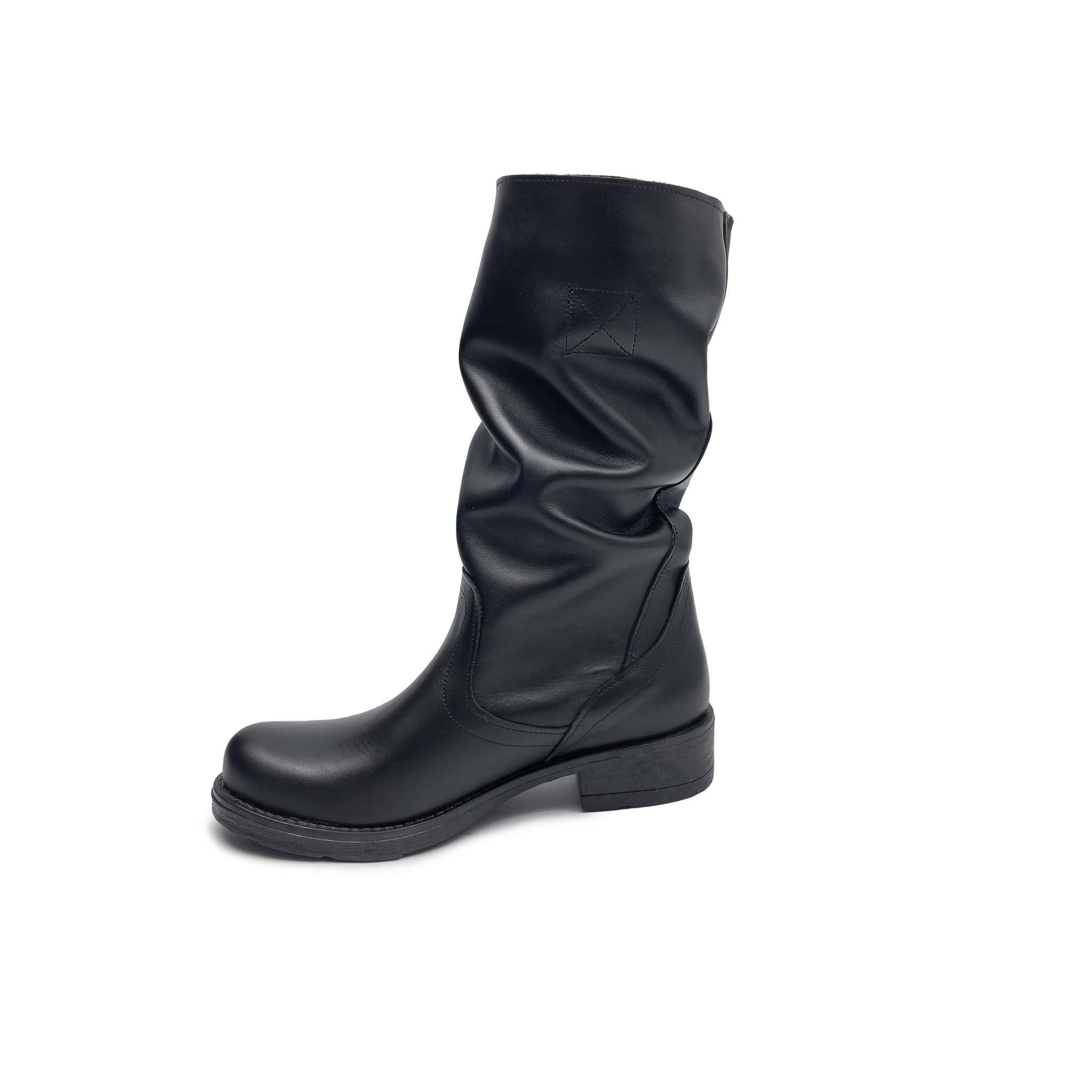 Stivale Biker Donna al Polpaccio in Vera Pelle Nera - Made in Italy