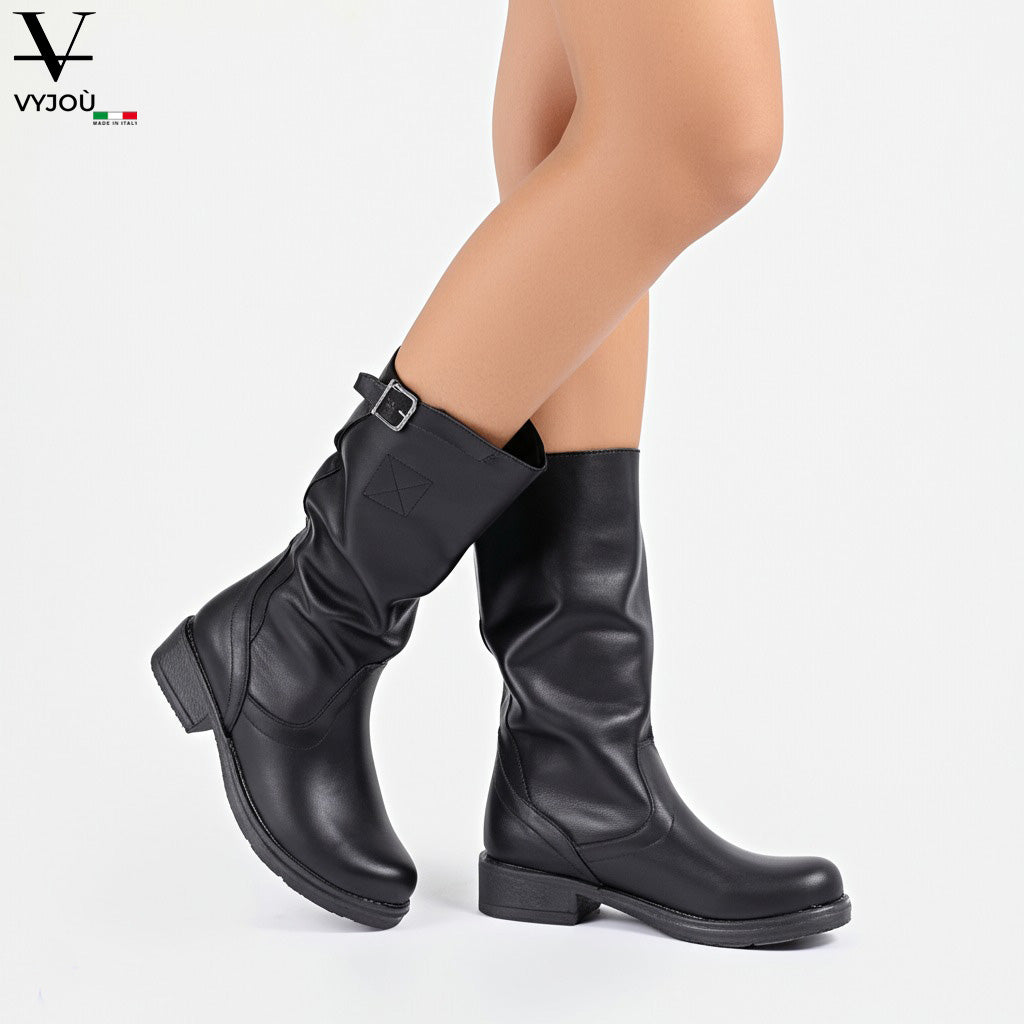 Stivale Biker Donna al Polpaccio in Vera Pelle Nera - Made in Italy