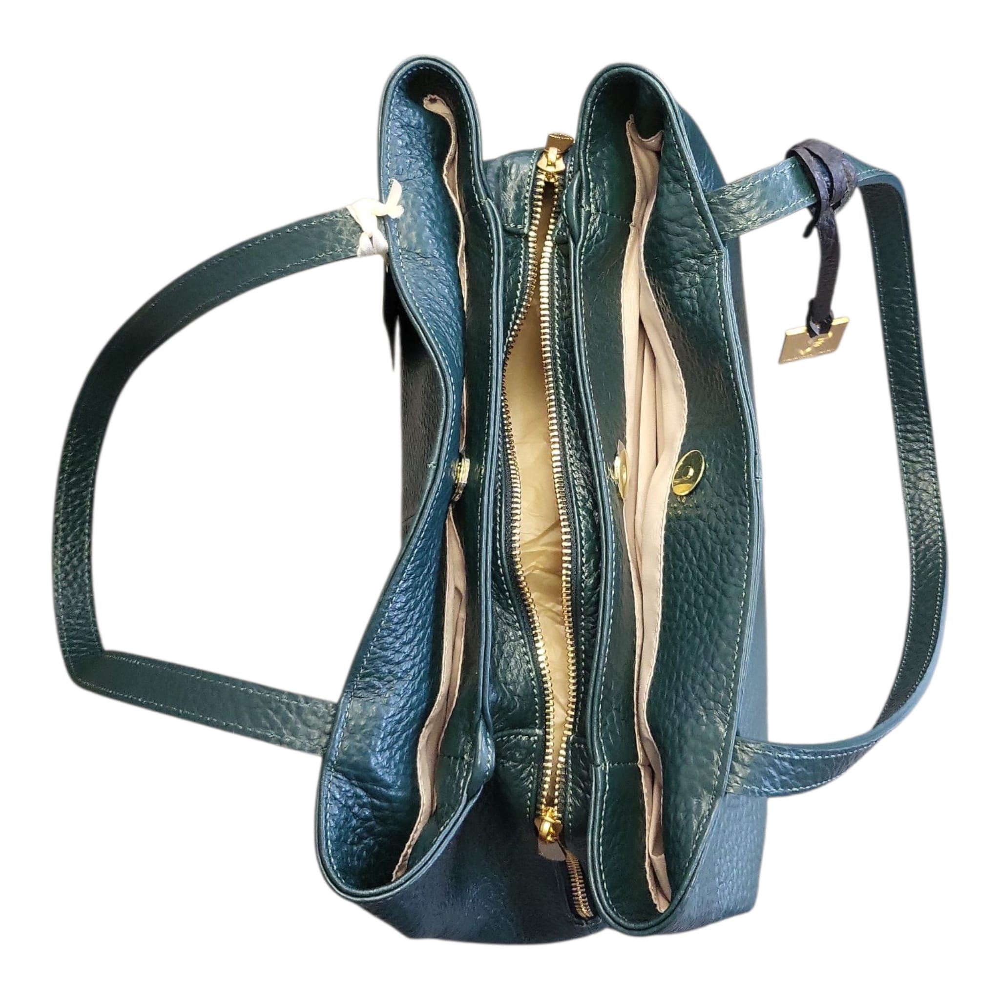 Pelletteria Veneta – Shopper Donna in Pelle Martellata Verde con 3 Scomparti e Doppia Tracolla (37x27x15 cm) – Made in Italy