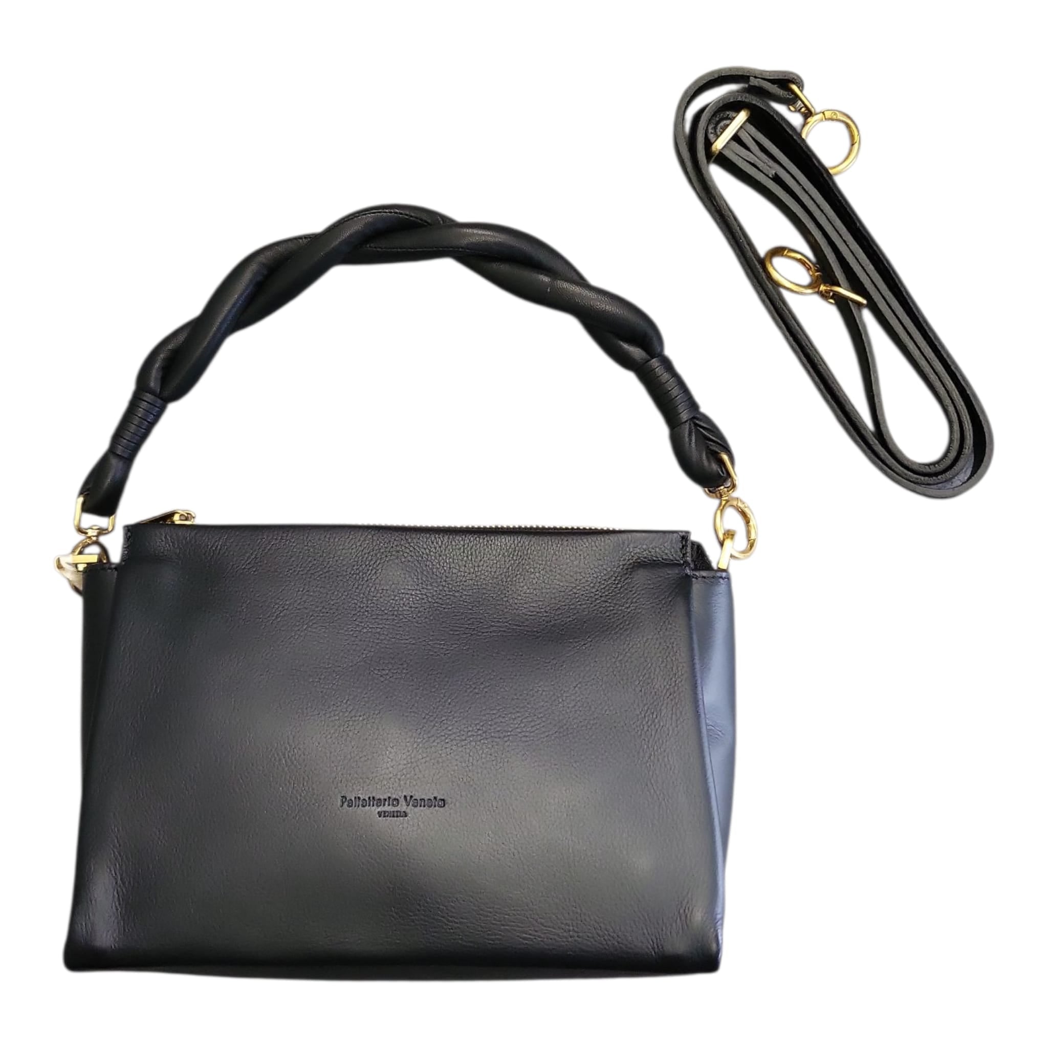 Pelletteria Veneta – Borsa Donna in Pelle Liscia Nera con Manico Intrecciato Imbottito e Tracolla Intercambiabile