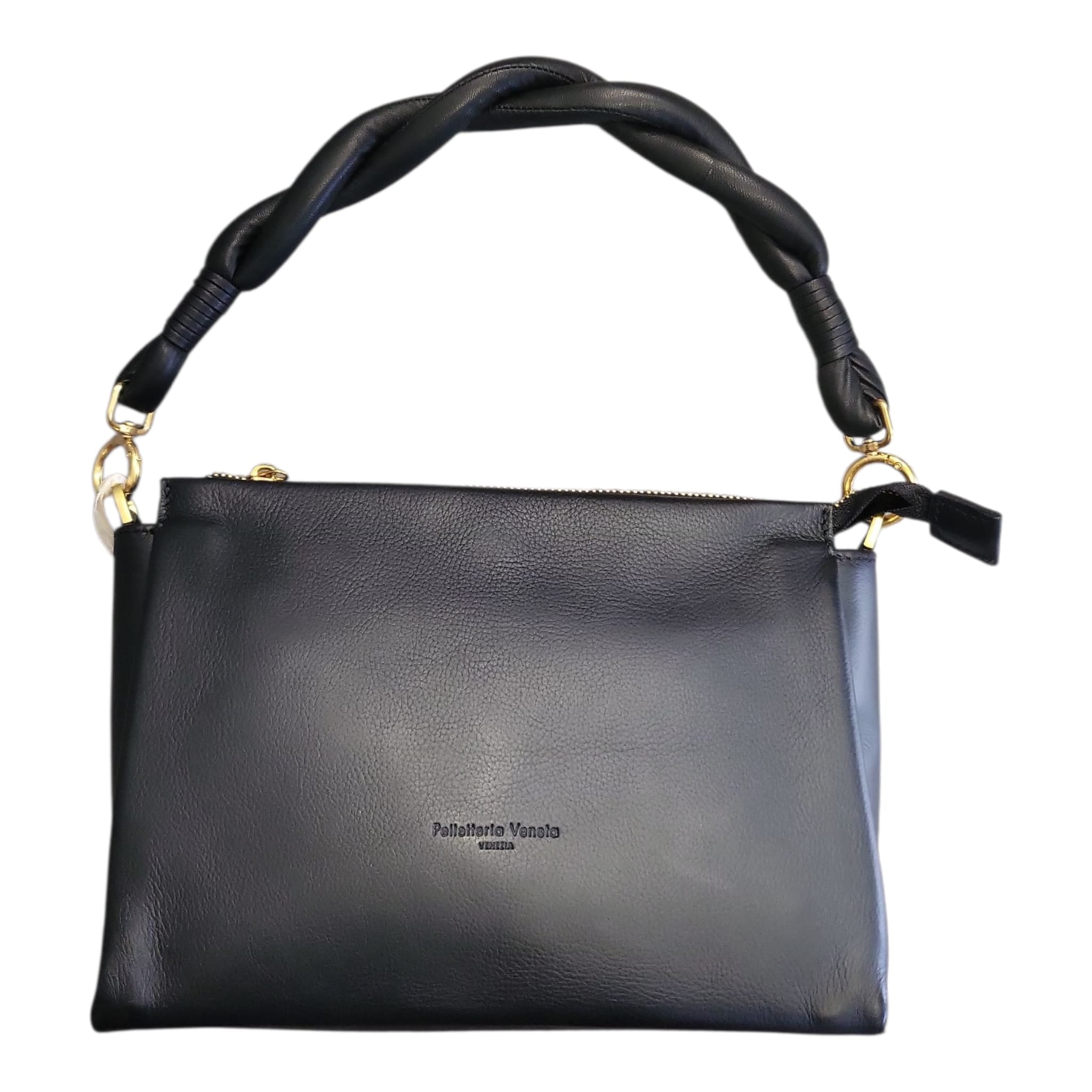 Pelletteria Veneta – Borsa Donna in Pelle Liscia Nera con Manico Intrecciato Imbottito e Tracolla Intercambiabile