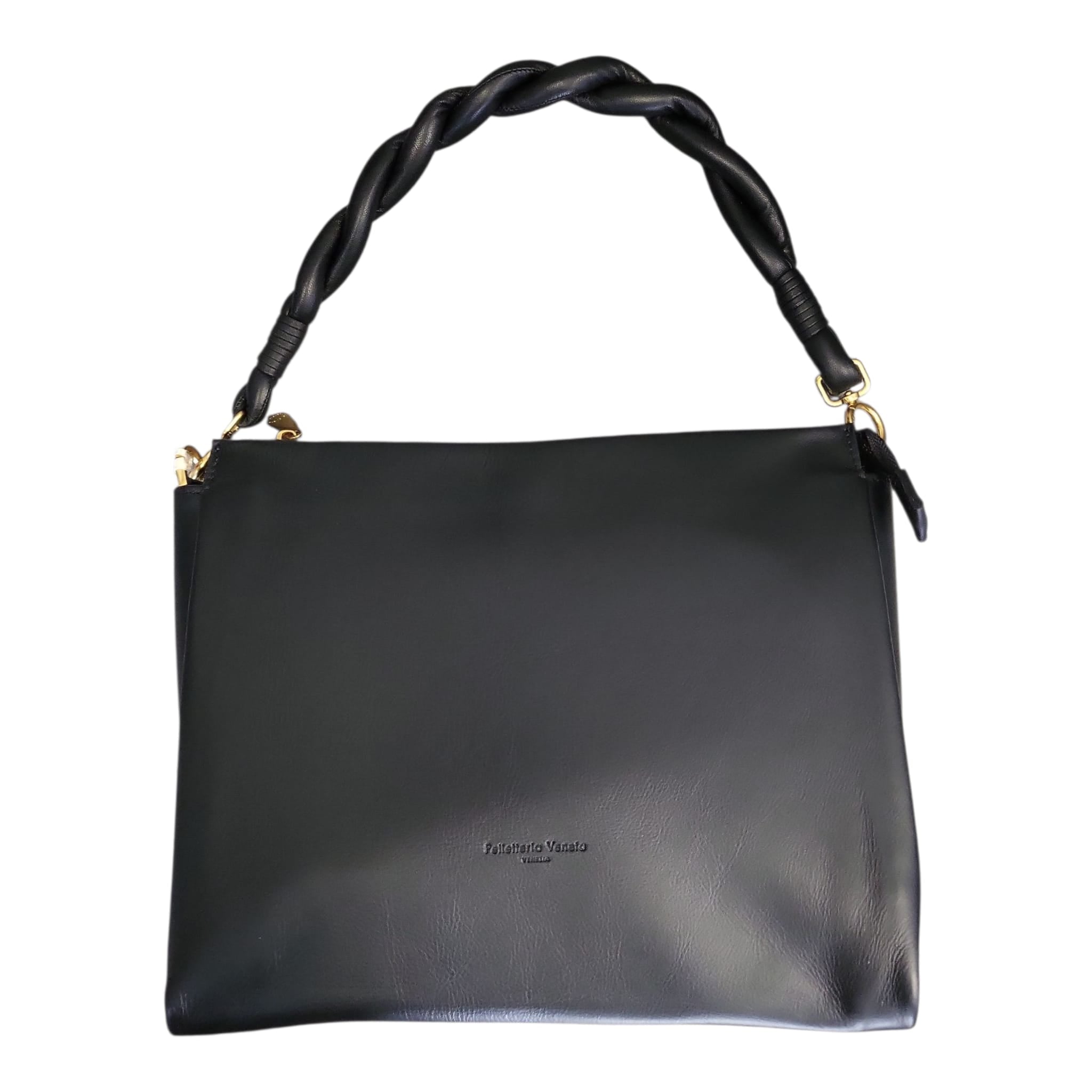 Pelletteria Veneta – Borsa Donna in Pelle Liscia Nera con Manico Intrecciato Imbottito e Tracolla Intercambiabile