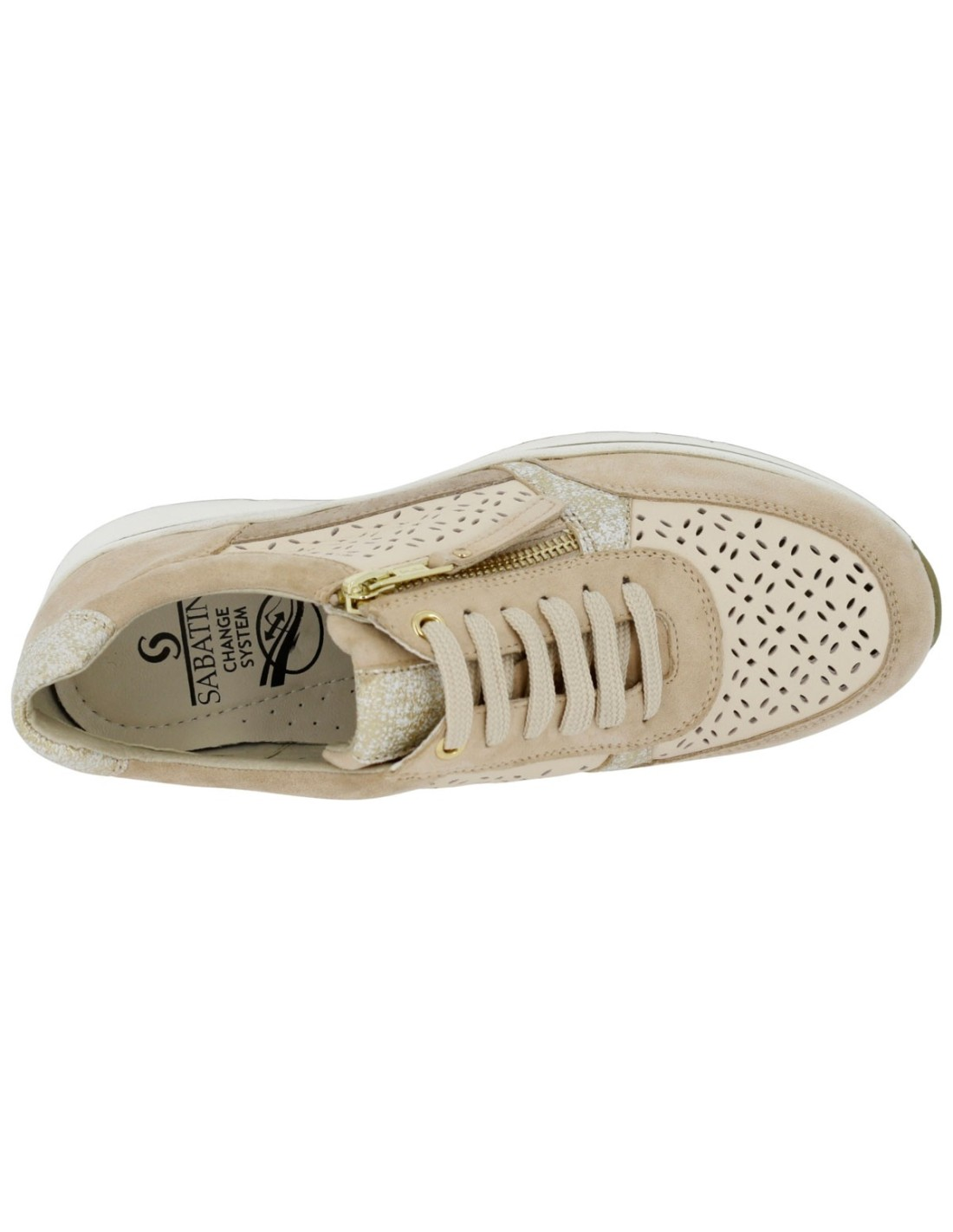 Sneaker Donna Sabatini Change System in Pelle Traforata con Zip – Plantare Estraibile – Sabbia