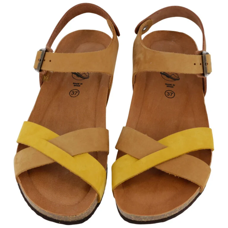 Sandalo Donna Sabatini in Nabuk Bicolore – Zeppa Sughero e Memory Foam – Camel Ocra