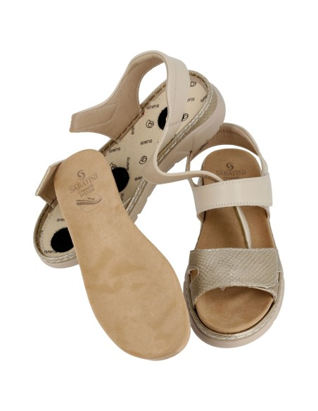 Sandalo Donna Sabatini in Pelle Bicolore con Effetto Pitone Laminato e Plantare Estraibile – Platino Panna