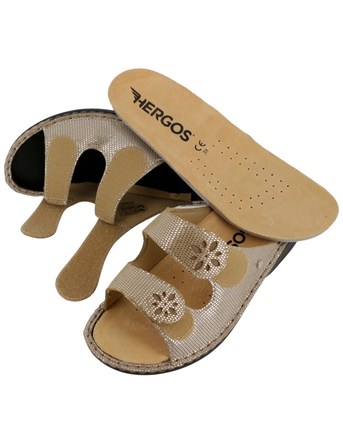 Ciabatta Hergos in pelle con doppia fascia regolabile e plantare estraibile - Sirio Beige
