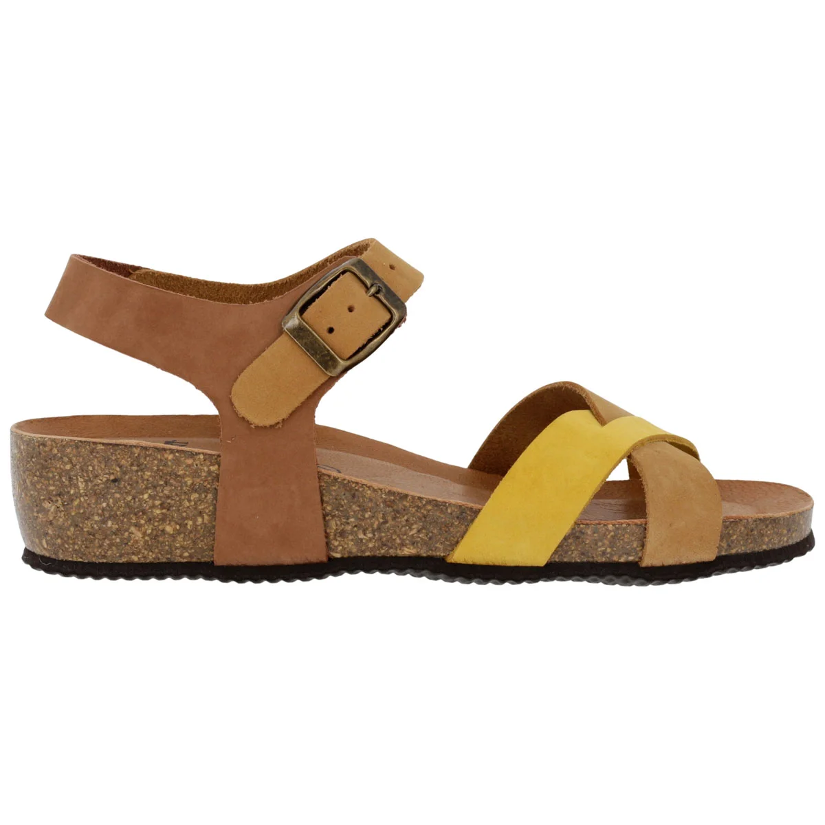 Sandalo Donna Sabatini in Nabuk Bicolore – Zeppa Sughero e Memory Foam – Camel Ocra