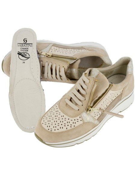 Sneaker Donna Sabatini Change System in Pelle Traforata con Zip – Plantare Estraibile – Sabbia