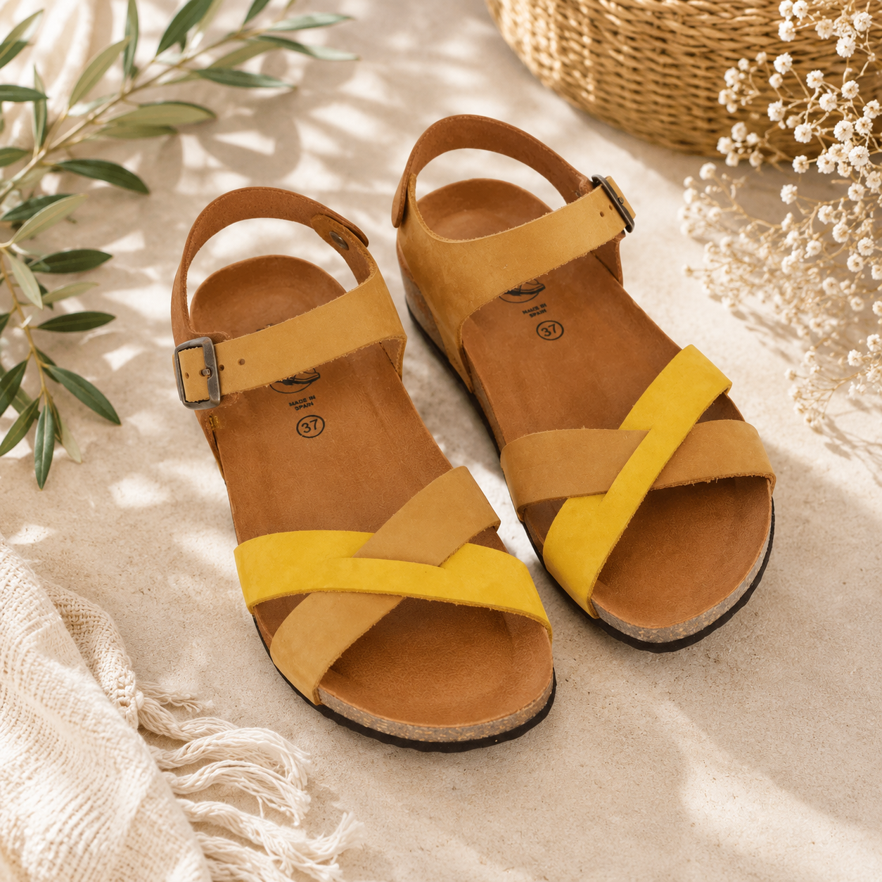 Sandalo Donna Sabatini in Nabuk Bicolore – Zeppa Sughero e Memory Foam – Camel Ocra