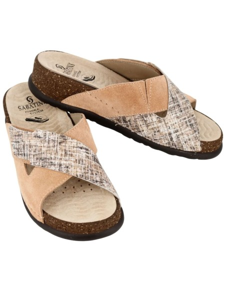 Ciabatta Donna Sabatini con Fasce Incrociate in Camoscio e Tweed – Soletta Anatomica Estraibile Lavabile