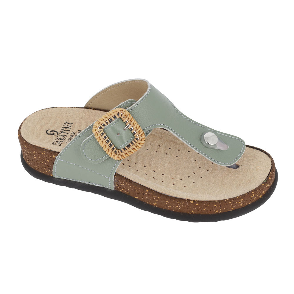 Sandalo Infradito donna Sabatini con Fibbia Rafia – Verde Salvia / Cuoio
