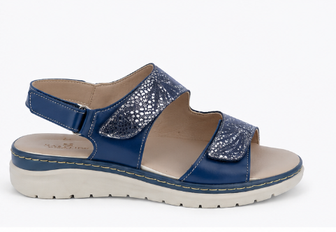 Sandalo Donna Sabatini in Vitello con Dettaglio Floreale Argentato – Doppio Velcro – Navy