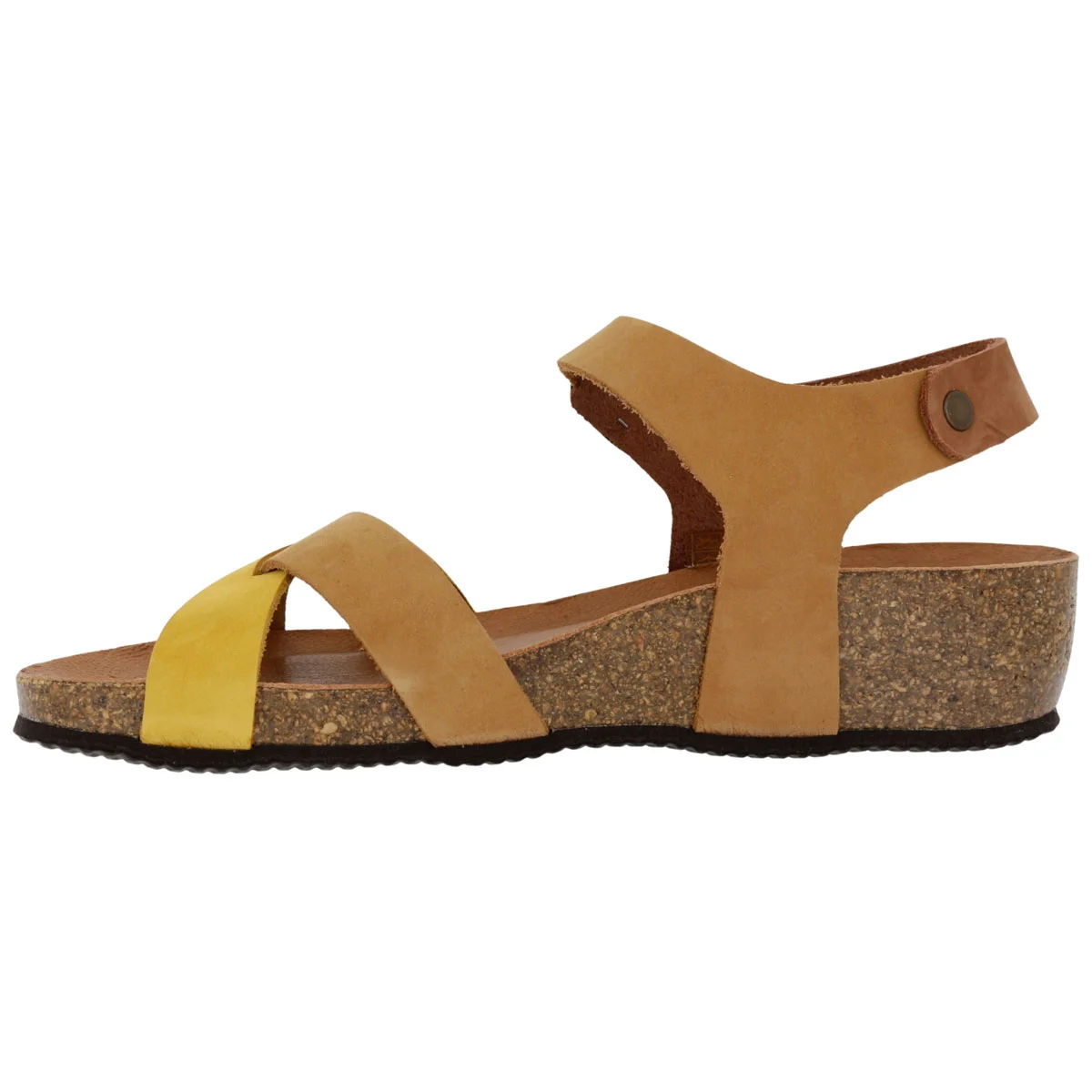 Sandalo Donna Sabatini in Nabuk Bicolore – Zeppa Sughero e Memory Foam – Camel Ocra