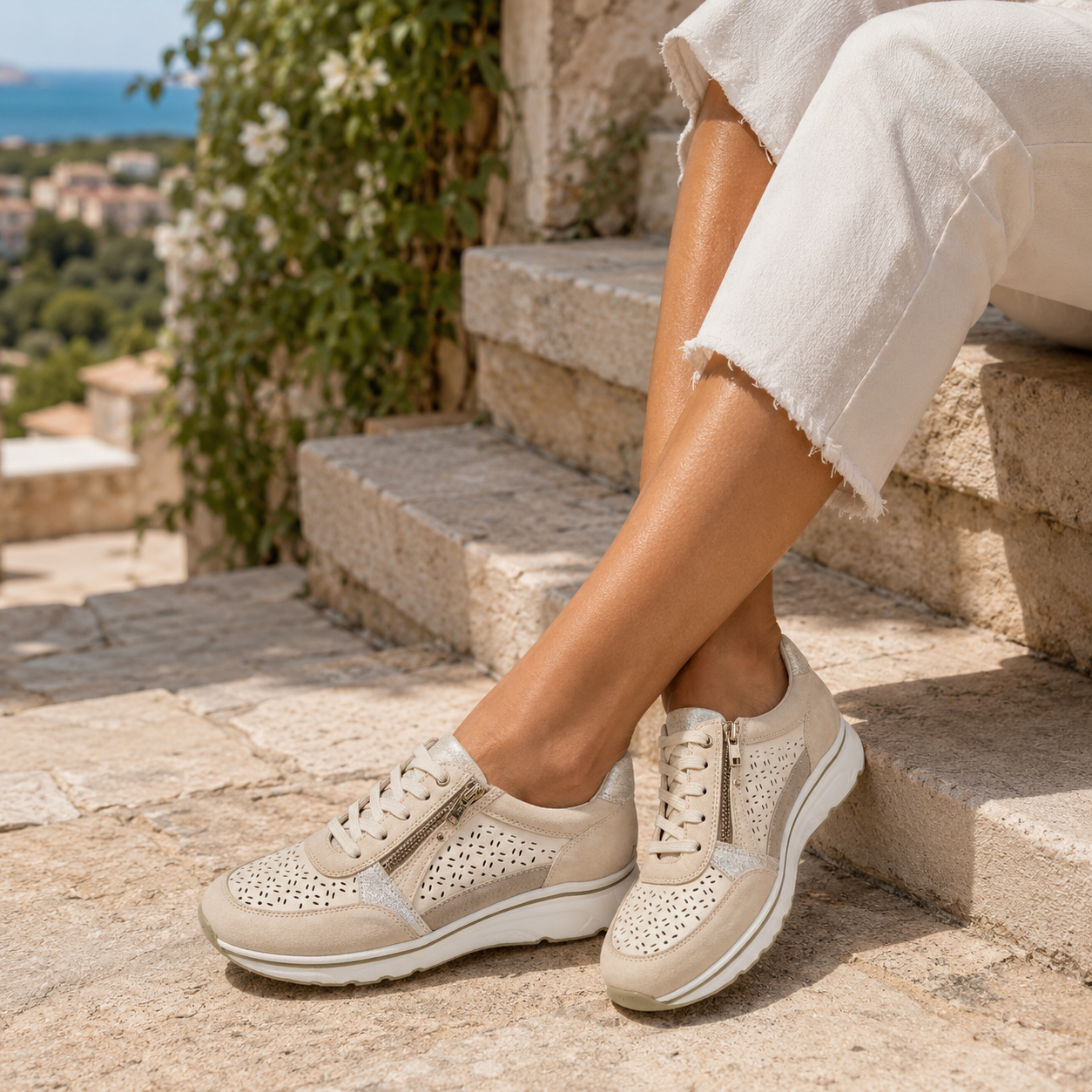 Sneaker Donna Sabatini Change System in Pelle Traforata con Zip – Plantare Estraibile – Sabbia