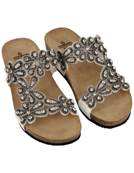 Ciabatta Gioiello Donna Sabatini con Applicazioni Floreali in Strass – Suola Sughero Memory Foam – 3 Colori