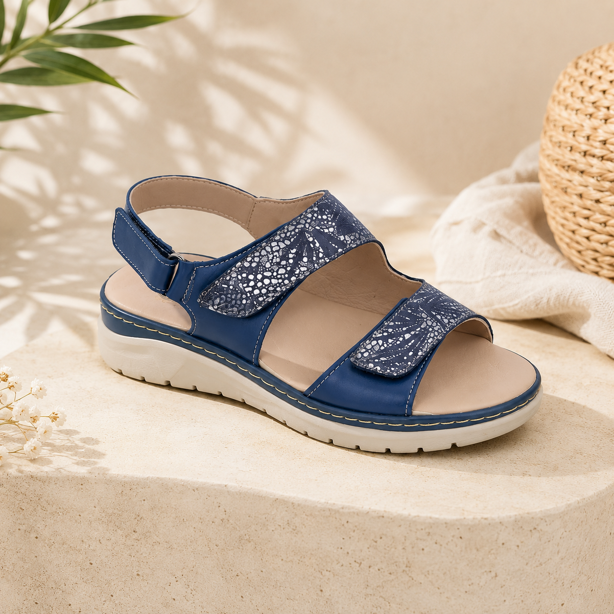 Sandalo Donna Sabatini in Vitello con Dettaglio Floreale Argentato – Doppio Velcro – Navy