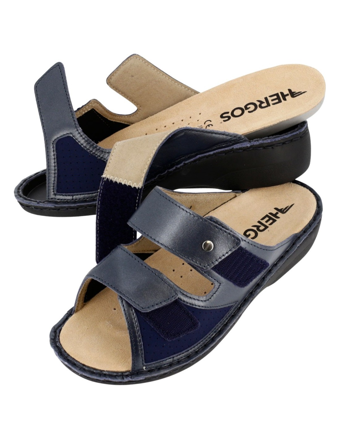 Hergos H1523 – Ciabatta Donna in Pelle | Doppia Fascia Regolabile | Soletta Estraibile | Blu