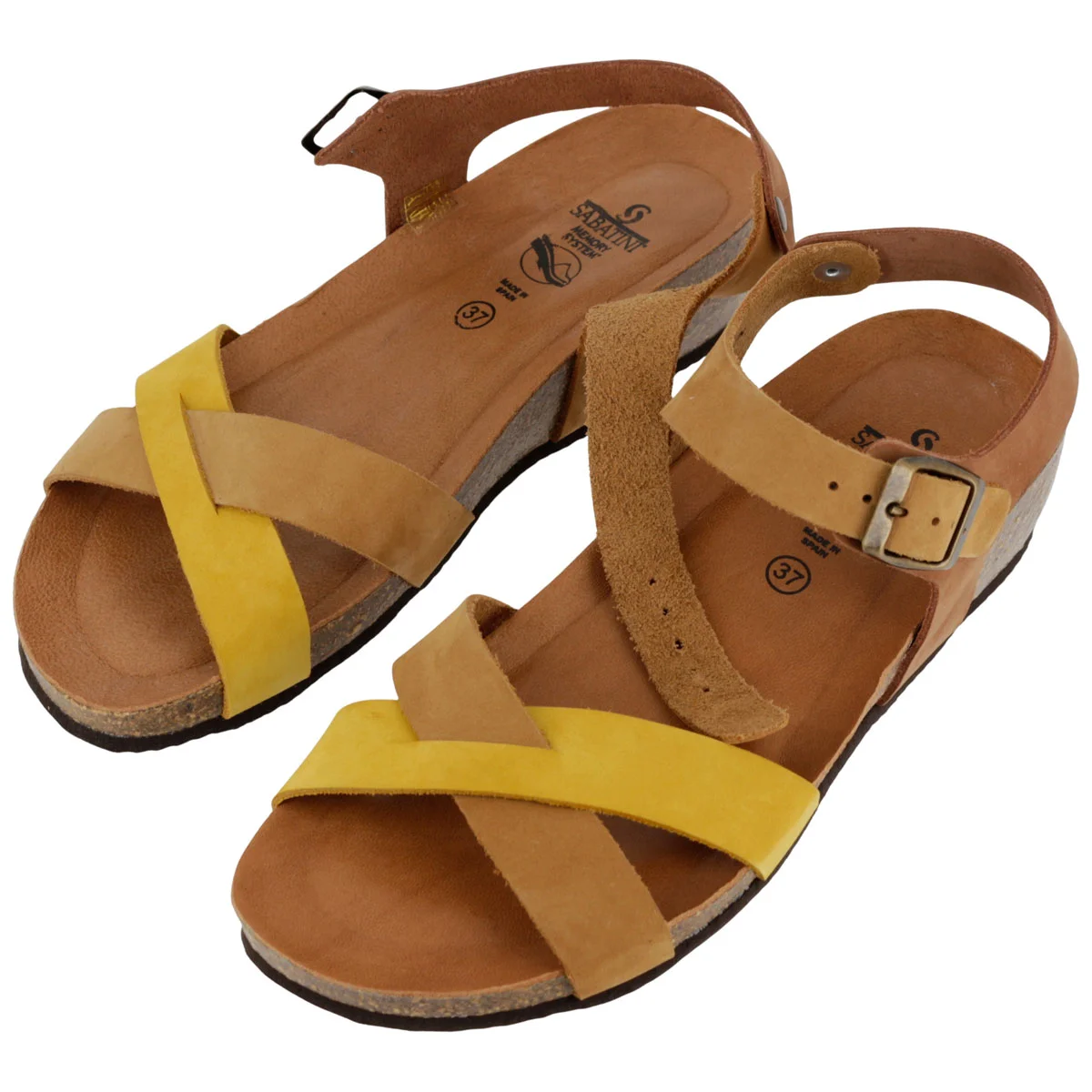 Sandalo Donna Sabatini in Nabuk Bicolore – Zeppa Sughero e Memory Foam – Camel Ocra