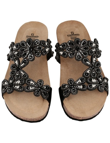 Ciabatta Gioiello Donna Sabatini con Applicazioni Floreali in Strass – Suola Sughero Memory Foam – 3 Colori