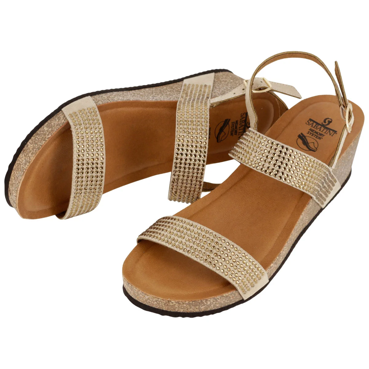 Sandalo Donna Sabatini Diamond con Strass – Zeppa Sughero e Memory Foam – Beige
