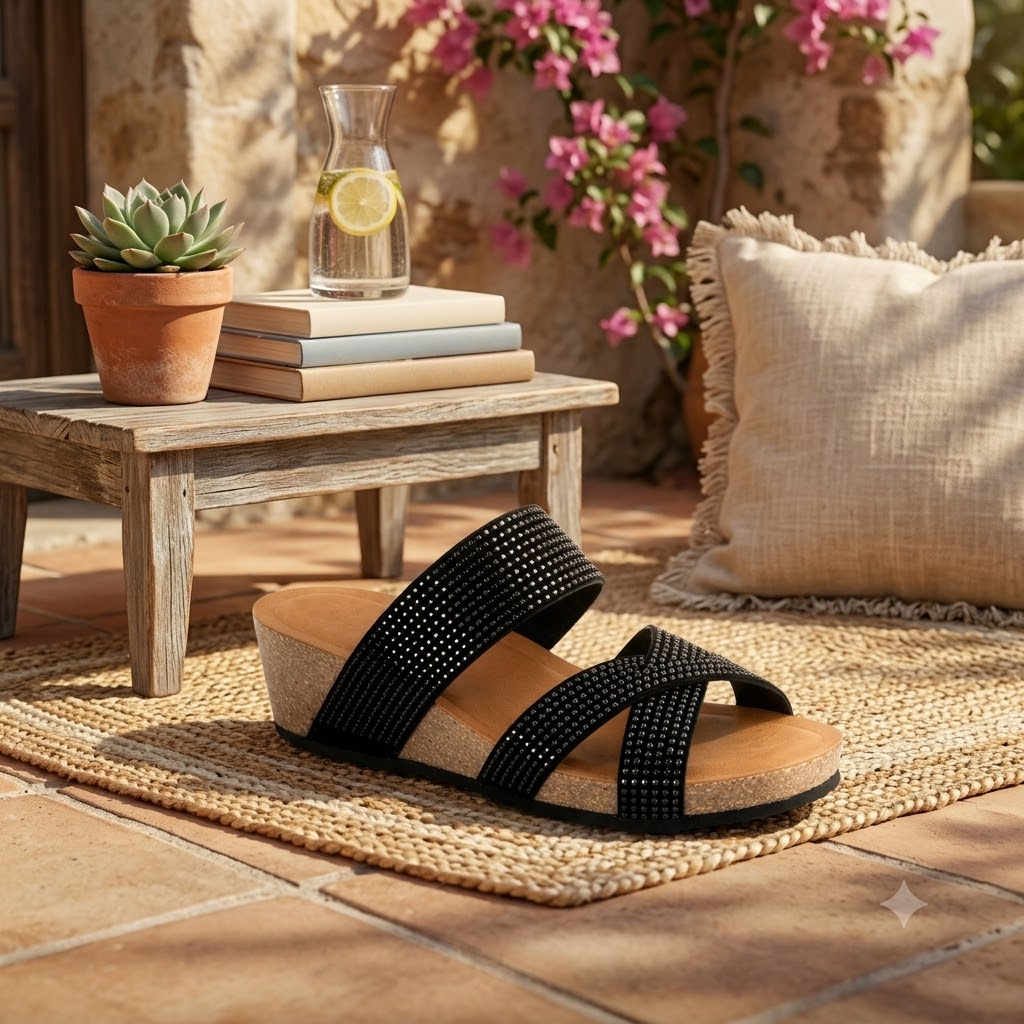 Ciabatta Donna Sabatini Diamond con Strass – Zeppa Sughero e Memory Foam – Nero
