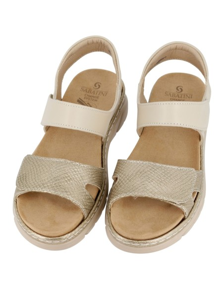 Sandalo Donna Sabatini in Pelle Bicolore con Effetto Pitone Laminato e Plantare Estraibile – Platino Panna