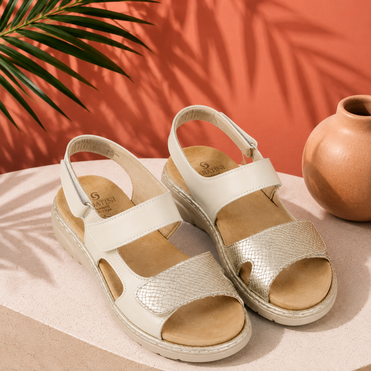 Sandalo Donna Sabatini in Pelle Bicolore con Effetto Pitone Laminato e Plantare Estraibile – Platino Panna