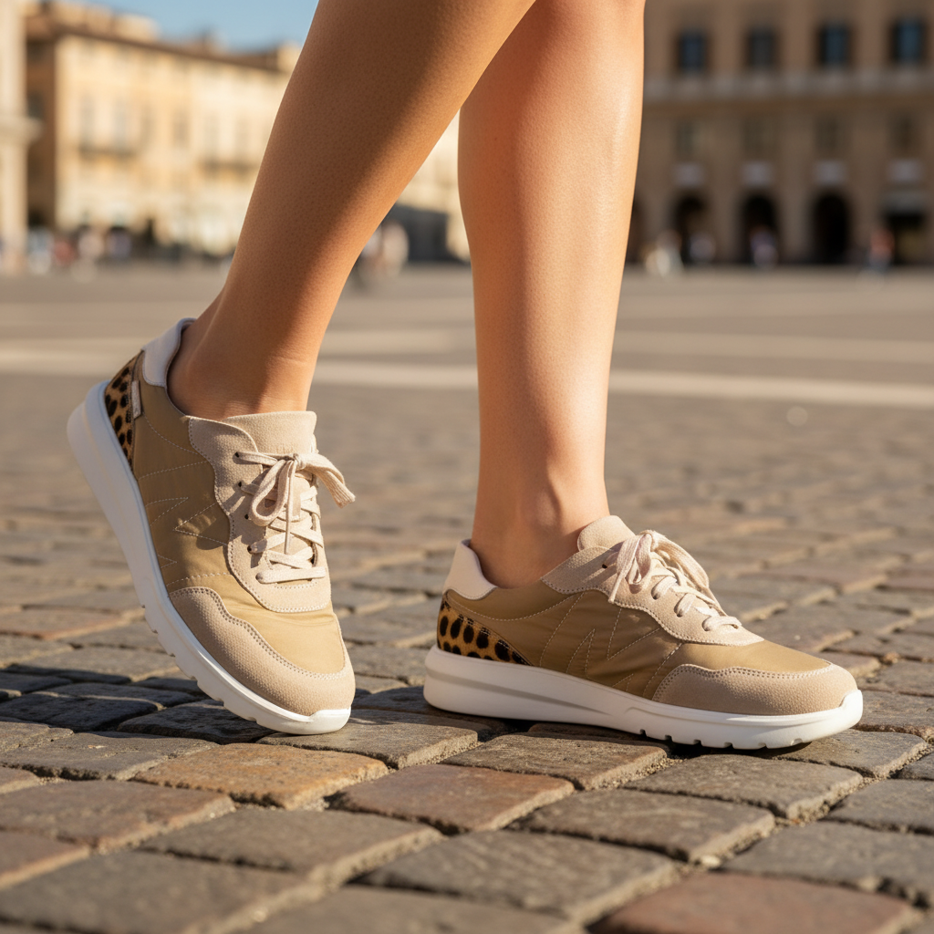 Mephisto Macha – Sneaker Donna in Tessuto e Scamosciato Beige con Dettaglio Leopardato