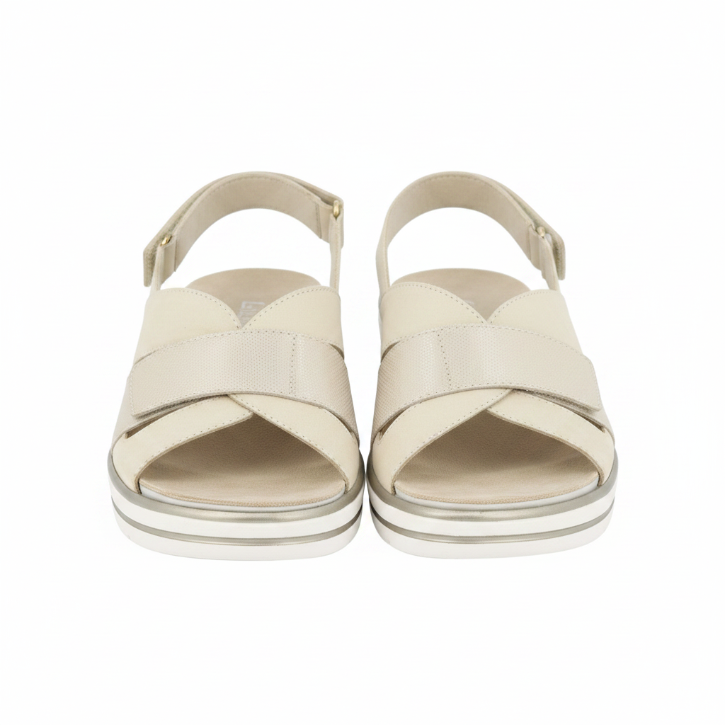 Sandalo Hergos Donna Pelle Extra Soft Zeppa Velcro Panna